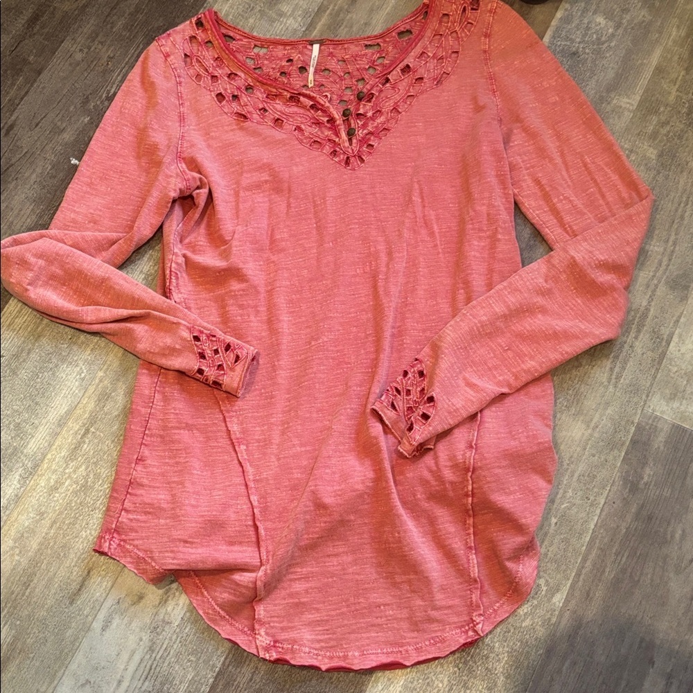 Free People Pastel Red Cutout Long Sleeve Eyelet Acid Wash Henley Luna Shirt